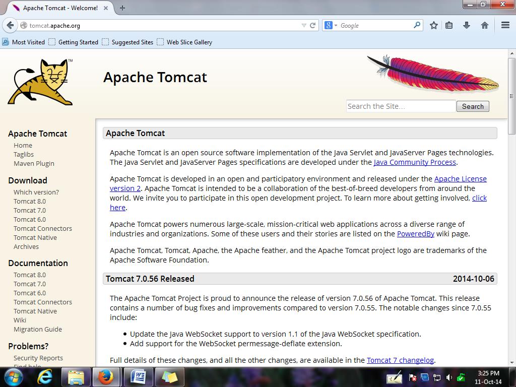Snapshot: Apache Software Foundation website (to download current version of Tomcat web server)