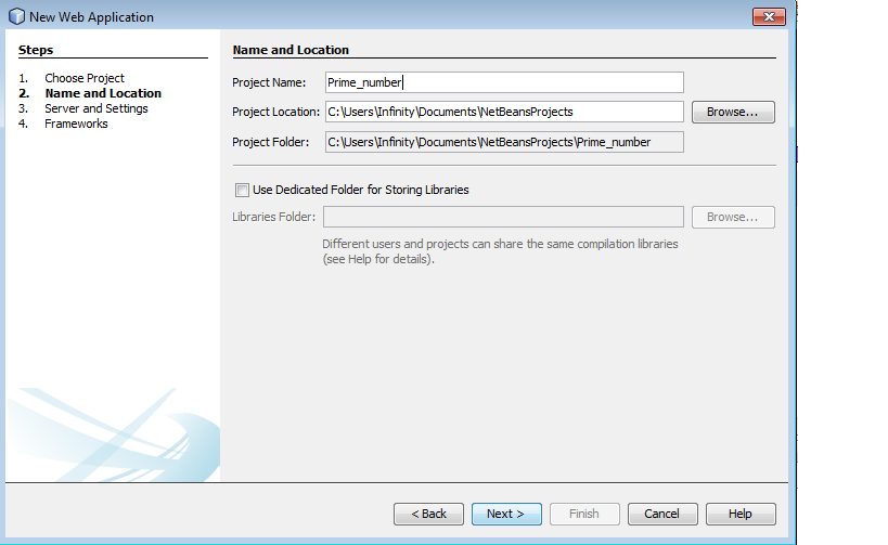 Figure : Creating new Project in NetBeans 8.0 (II) – Naming and saving project.