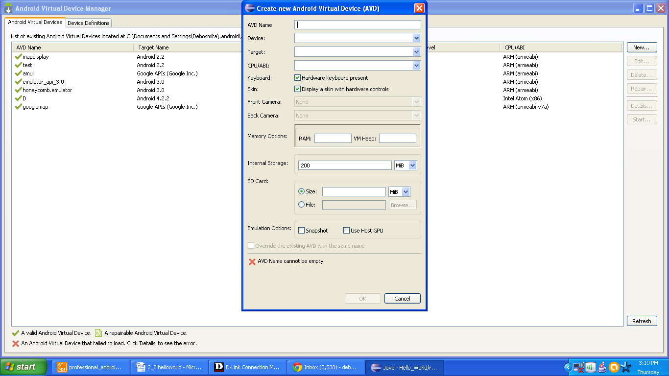 Figure Android Virtual Device Manager and Create New AVD wizard.